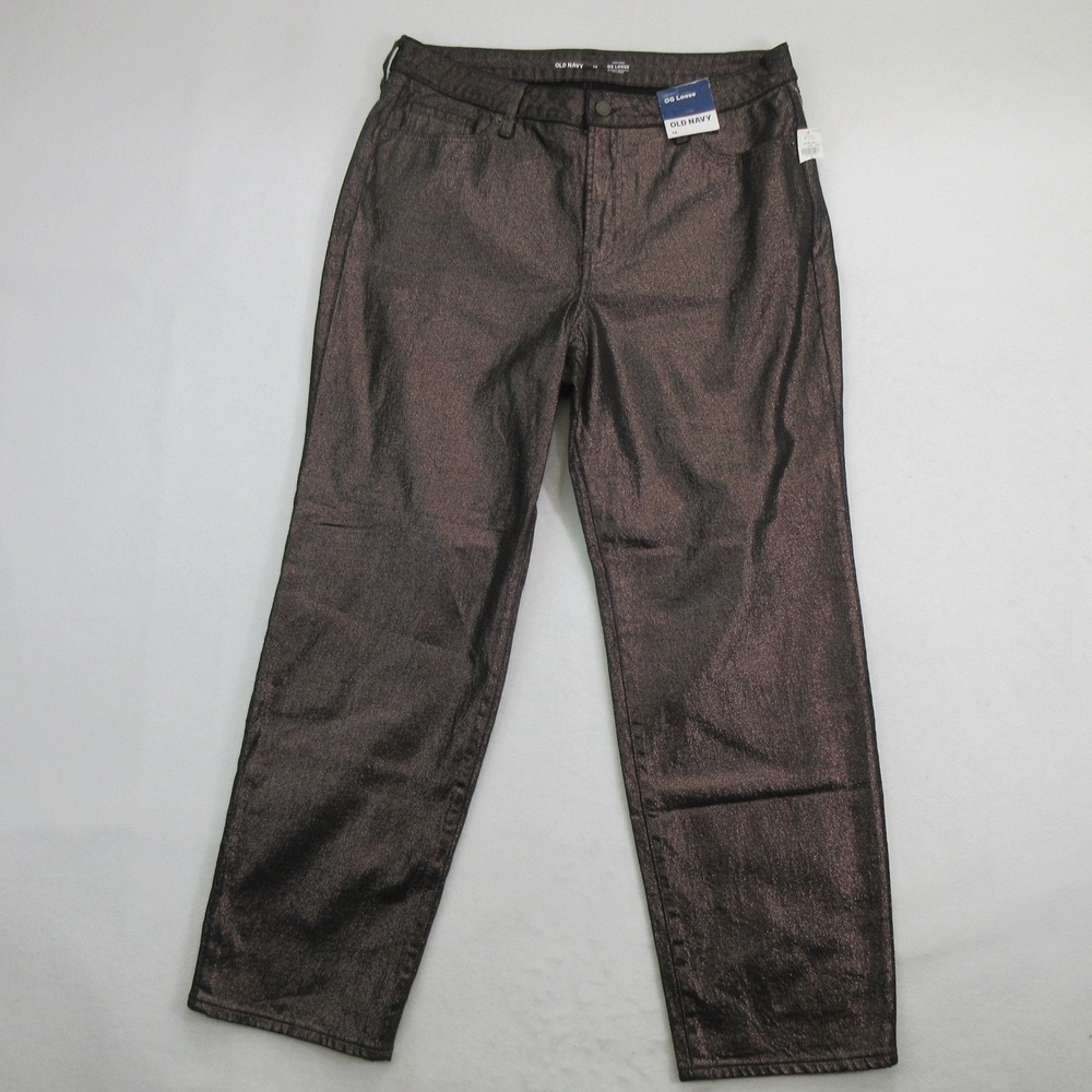 Old Navy Women Jeans 14 High-Rise OG Loose Metallic Black Shine Wide-Leg New